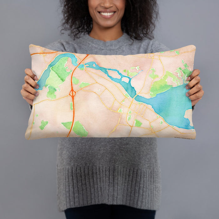Person holding 20x12 Custom Newburyport Massachusetts Map Throw Pillow in Watercolor