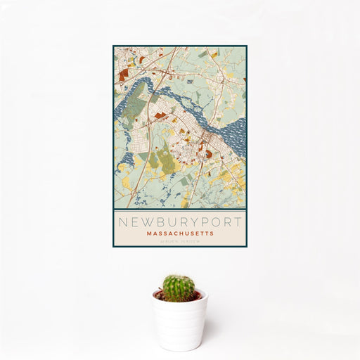 12x18 Newburyport Massachusetts Map Print Portrait Orientation in Woodblock Style With Small Cactus Plant in White Planter