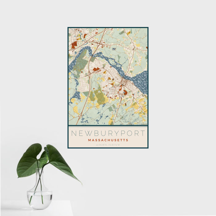 16x24 Newburyport Massachusetts Map Print Portrait Orientation in Woodblock Style With Tropical Plant Leaves in Water