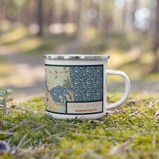 Right View Custom Newburyport Massachusetts Map Enamel Mug in Woodblock on Grass With Trees in Background