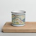 Front View Custom Newburyport Massachusetts Map Enamel Mug in Woodblock on Cutting Board