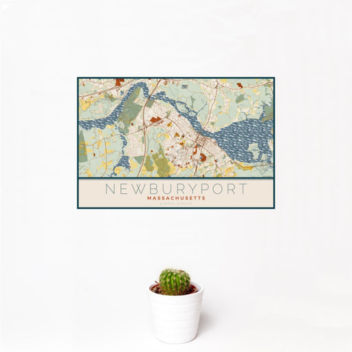 12x18 Newburyport Massachusetts Map Print Landscape Orientation in Woodblock Style With Small Cactus Plant in White Planter