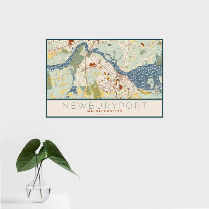 16x24 Newburyport Massachusetts Map Print Landscape Orientation in Woodblock Style With Tropical Plant Leaves in Water