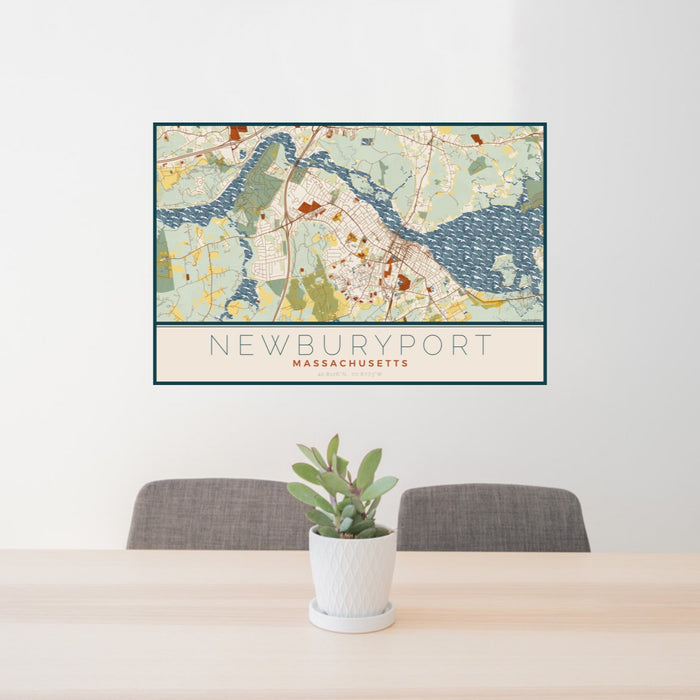 24x36 Newburyport Massachusetts Map Print Landscape Orientation in Woodblock Style Behind 2 Chairs Table and Potted Plant