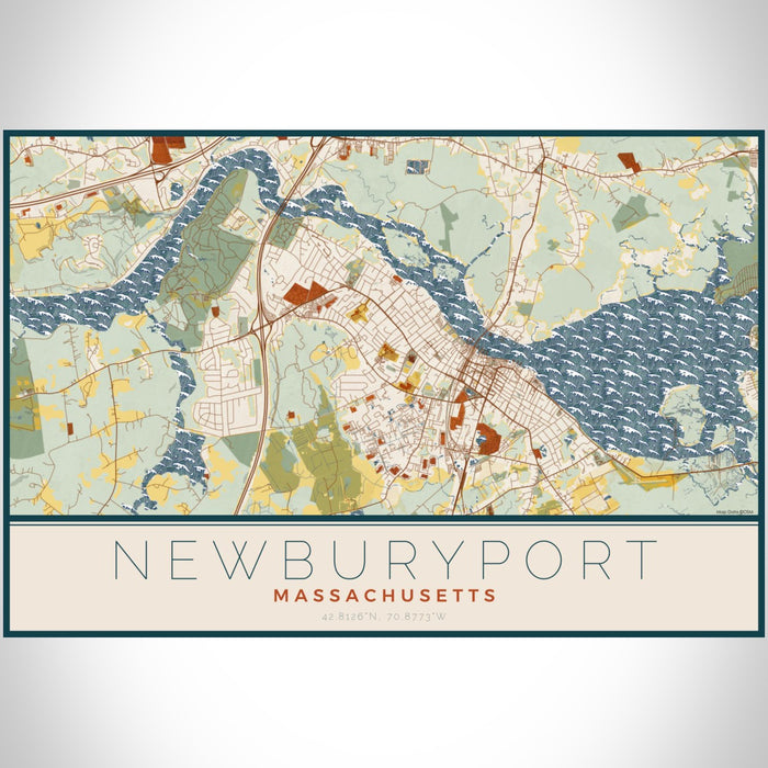 Newburyport Massachusetts Map Print Landscape Orientation in Woodblock Style With Shaded Background
