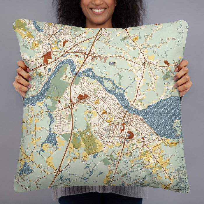 Person holding 22x22 Custom Newburyport Massachusetts Map Throw Pillow in Woodblock