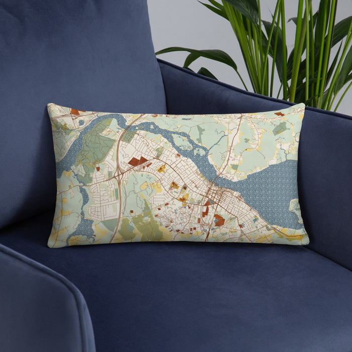 Custom Newburyport Massachusetts Map Throw Pillow in Woodblock on Blue Colored Chair