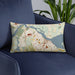 Custom Newburyport Massachusetts Map Throw Pillow in Woodblock on Blue Colored Chair
