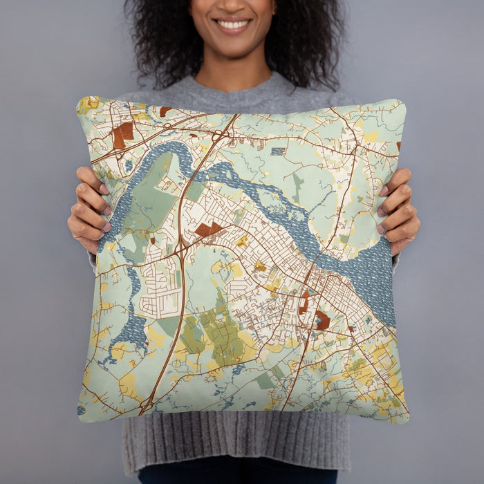 Person holding 18x18 Custom Newburyport Massachusetts Map Throw Pillow in Woodblock