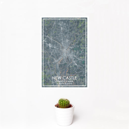 12x18 New Castle Pennsylvania Map Print Portrait Orientation in Afternoon Style With Small Cactus Plant in White Planter