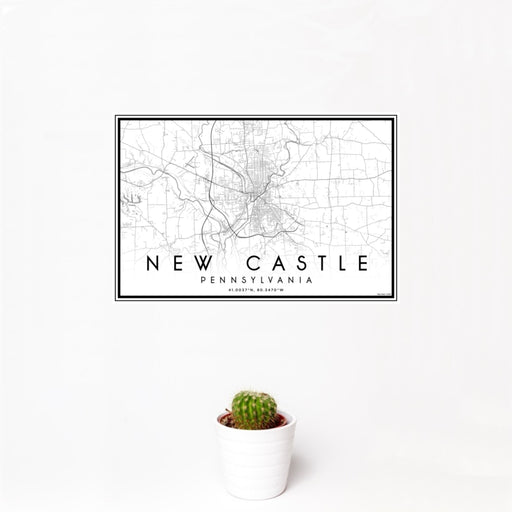 12x18 New Castle Pennsylvania Map Print Landscape Orientation in Classic Style With Small Cactus Plant in White Planter