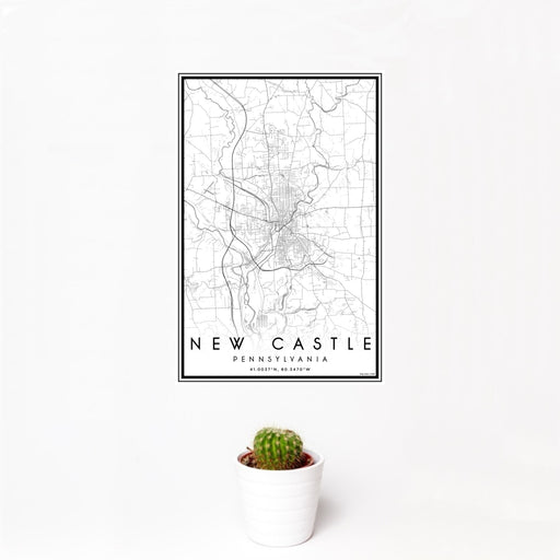 12x18 New Castle Pennsylvania Map Print Portrait Orientation in Classic Style With Small Cactus Plant in White Planter