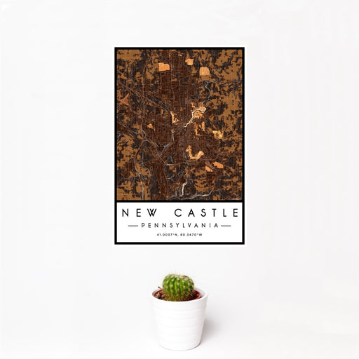 12x18 New Castle Pennsylvania Map Print Portrait Orientation in Ember Style With Small Cactus Plant in White Planter