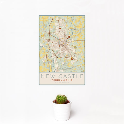 12x18 New Castle Pennsylvania Map Print Portrait Orientation in Woodblock Style With Small Cactus Plant in White Planter