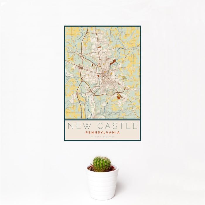 12x18 New Castle Pennsylvania Map Print Portrait Orientation in Woodblock Style With Small Cactus Plant in White Planter