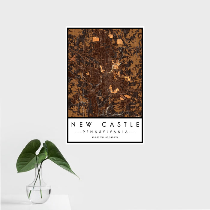 16x24 New Castle Pennsylvania Map Print Portrait Orientation in Ember Style With Tropical Plant Leaves in Water