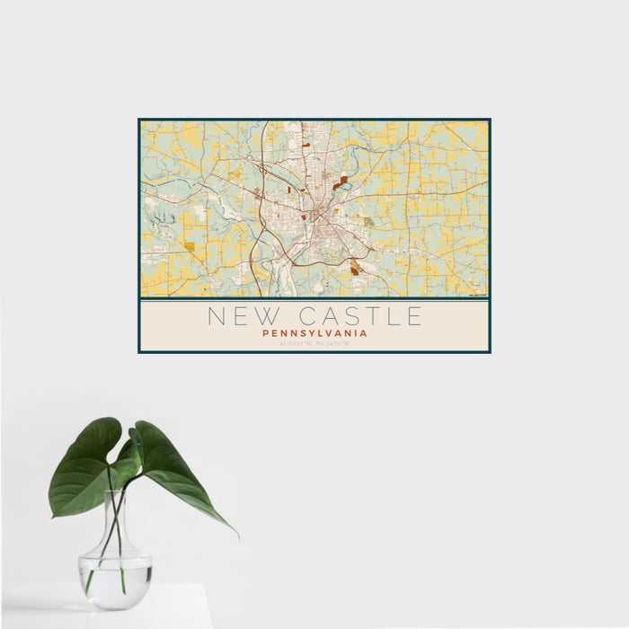 16x24 New Castle Pennsylvania Map Print Landscape Orientation in Woodblock Style With Tropical Plant Leaves in Water