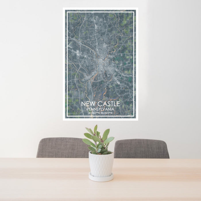 24x36 New Castle Pennsylvania Map Print Portrait Orientation in Afternoon Style Behind 2 Chairs Table and Potted Plant