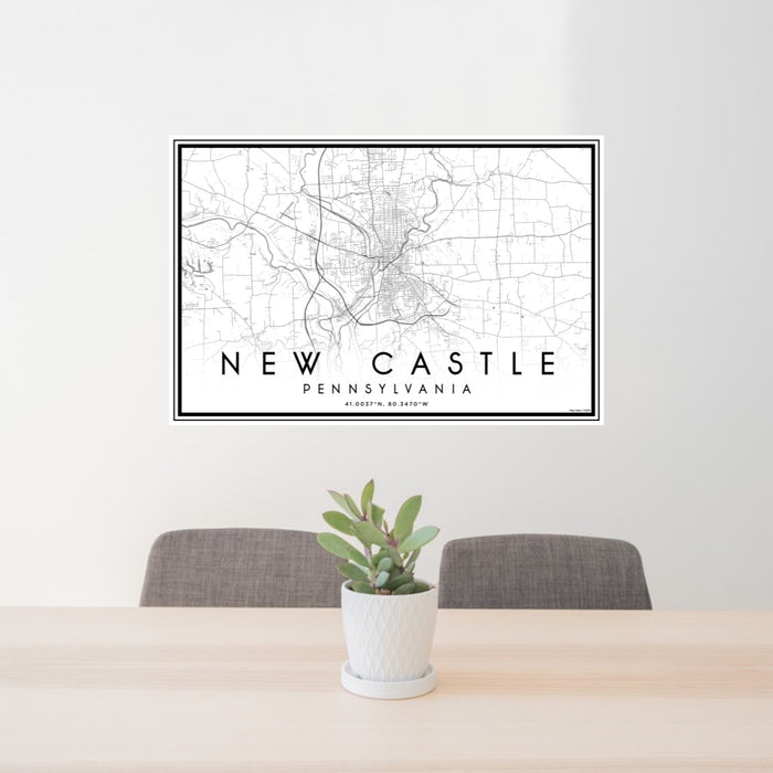 24x36 New Castle Pennsylvania Map Print Lanscape Orientation in Classic Style Behind 2 Chairs Table and Potted Plant