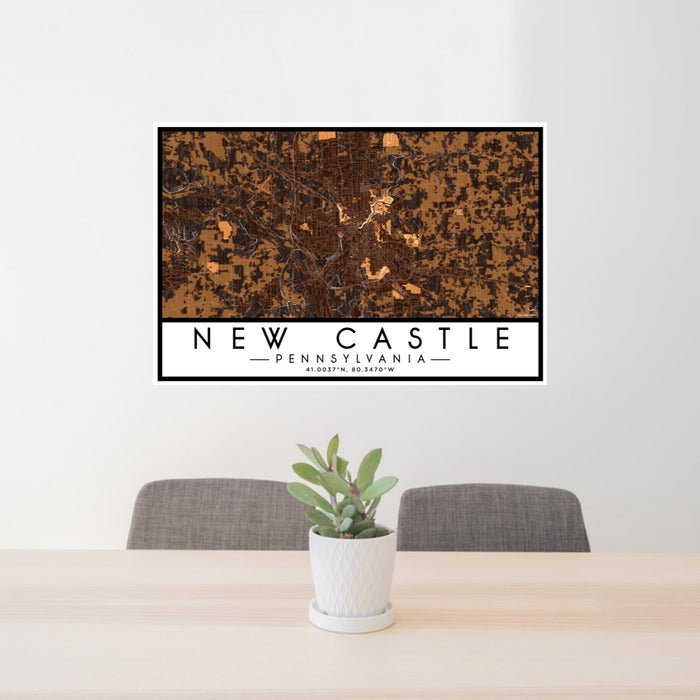 24x36 New Castle Pennsylvania Map Print Lanscape Orientation in Ember Style Behind 2 Chairs Table and Potted Plant