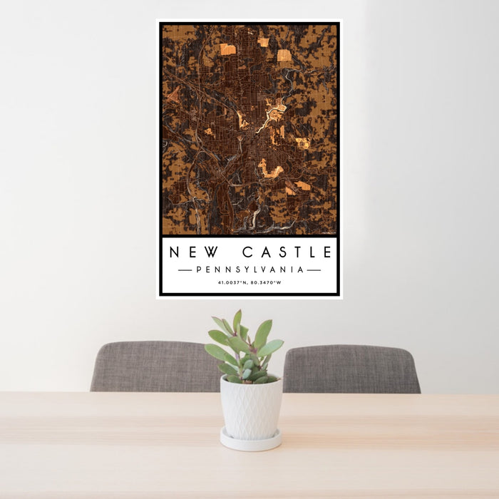 24x36 New Castle Pennsylvania Map Print Portrait Orientation in Ember Style Behind 2 Chairs Table and Potted Plant