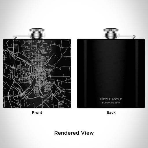 Rendered View of New Castle Pennsylvania Map Engraving on 6oz Stainless Steel Flask in Black