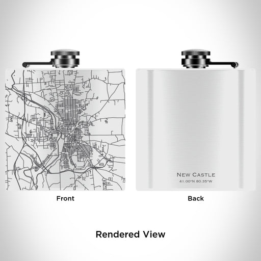 Rendered View of New Castle Pennsylvania Map Engraving on 6oz Stainless Steel Flask in White
