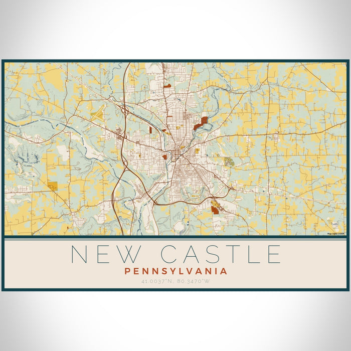 New Castle Pennsylvania Map Print Landscape Orientation in Woodblock Style With Shaded Background
