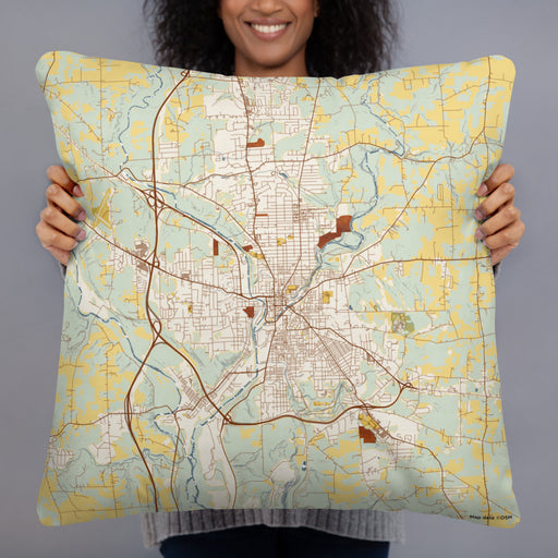 Person holding 22x22 Custom New Castle Pennsylvania Map Throw Pillow in Woodblock