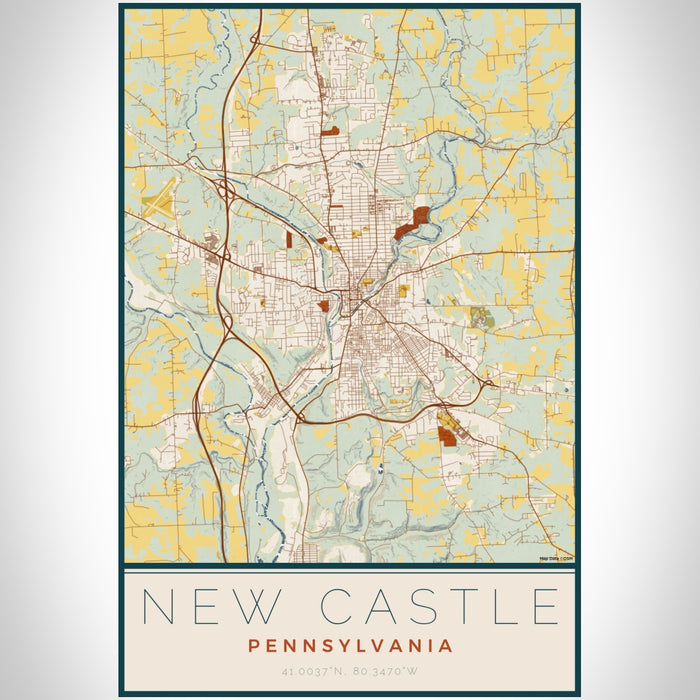 New Castle Pennsylvania Map Print Portrait Orientation in Woodblock Style With Shaded Background