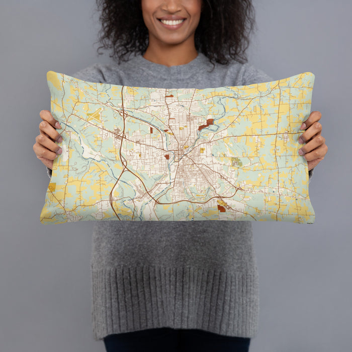 Person holding 20x12 Custom New Castle Pennsylvania Map Throw Pillow in Woodblock