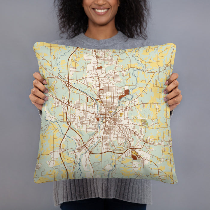 Person holding 18x18 Custom New Castle Pennsylvania Map Throw Pillow in Woodblock