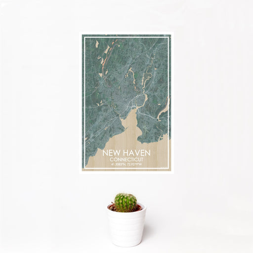 12x18 New Haven Connecticut Map Print Portrait Orientation in Afternoon Style With Small Cactus Plant in White Planter