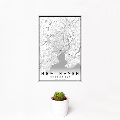 12x18 New Haven Connecticut Map Print Portrait Orientation in Classic Style With Small Cactus Plant in White Planter