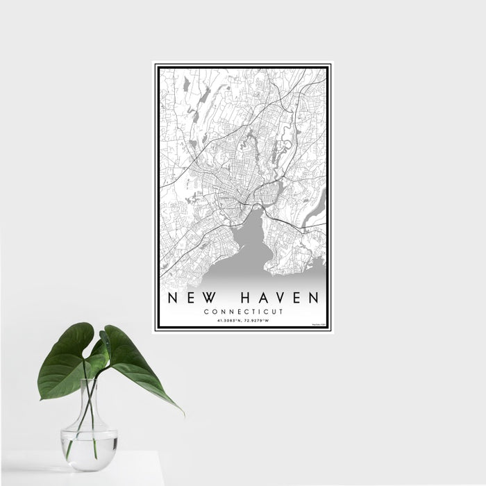 16x24 New Haven Connecticut Map Print Portrait Orientation in Classic Style With Tropical Plant Leaves in Water
