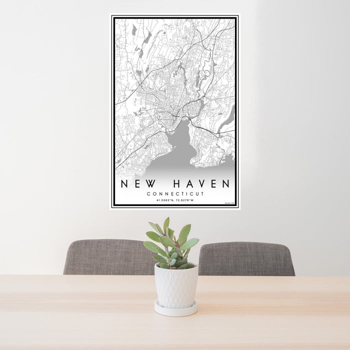 24x36 New Haven Connecticut Map Print Portrait Orientation in Classic Style Behind 2 Chairs Table and Potted Plant