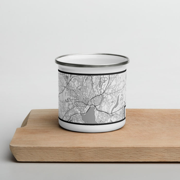 Front View Custom New Haven Connecticut Map Enamel Mug in Classic on Cutting Board