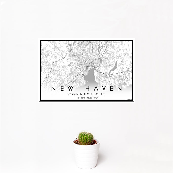 12x18 New Haven Connecticut Map Print Landscape Orientation in Classic Style With Small Cactus Plant in White Planter