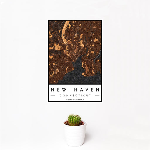 12x18 New Haven Connecticut Map Print Portrait Orientation in Ember Style With Small Cactus Plant in White Planter