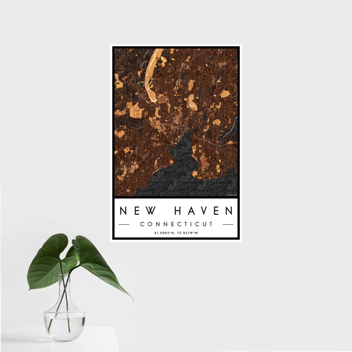 16x24 New Haven Connecticut Map Print Portrait Orientation in Ember Style With Tropical Plant Leaves in Water