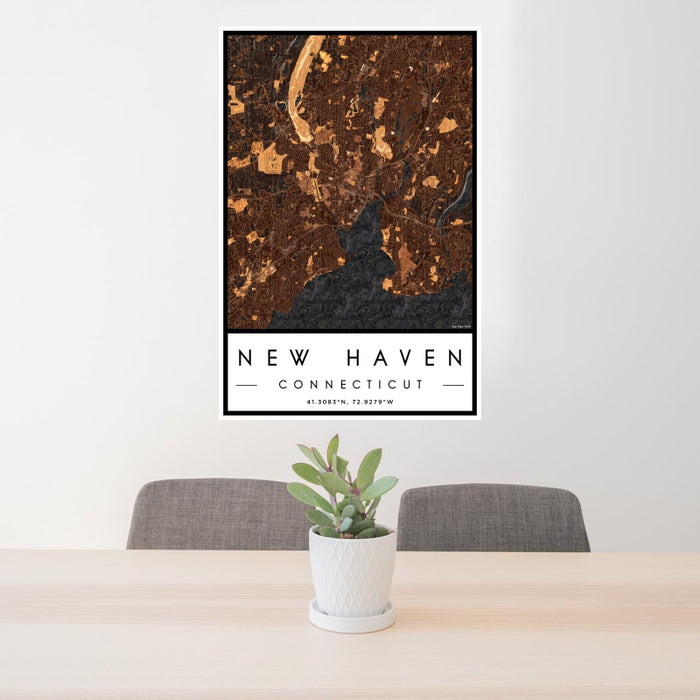 24x36 New Haven Connecticut Map Print Portrait Orientation in Ember Style Behind 2 Chairs Table and Potted Plant