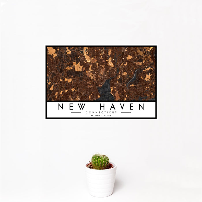 12x18 New Haven Connecticut Map Print Landscape Orientation in Ember Style With Small Cactus Plant in White Planter
