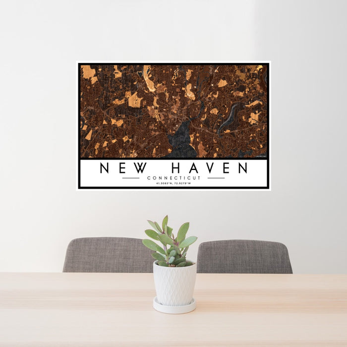 24x36 New Haven Connecticut Map Print Landscape Orientation in Ember Style Behind 2 Chairs Table and Potted Plant