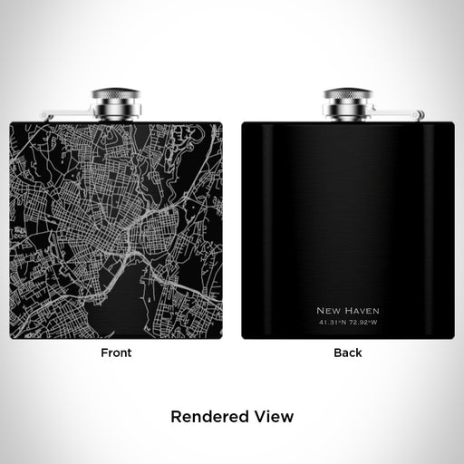 Rendered View of New Haven Connecticut Map Engraving on 6oz Stainless Steel Flask in Black