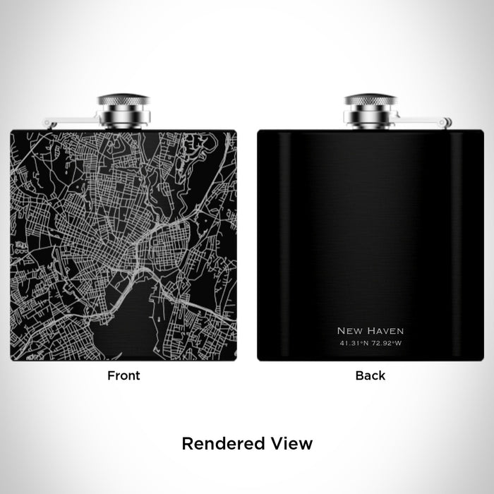 Rendered View of New Haven Connecticut Map Engraving on 6oz Stainless Steel Flask in Black