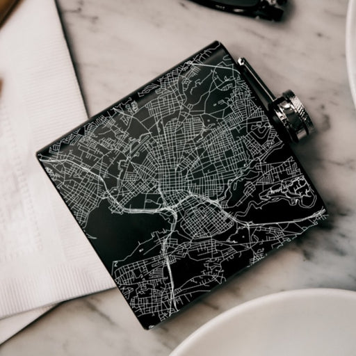 New Haven Connecticut Custom Engraved City Map Inscription Coordinates on 6oz Stainless Steel Flask in Black