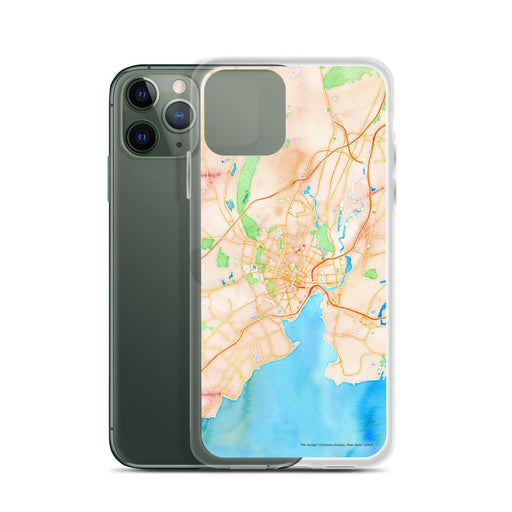 Custom New Haven Connecticut Map Phone Case in Watercolor on Table with Laptop and Plant