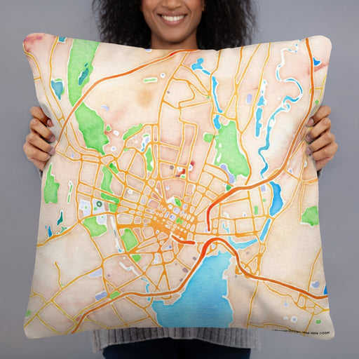 Person holding 22x22 Custom New Haven Connecticut Map Throw Pillow in Watercolor