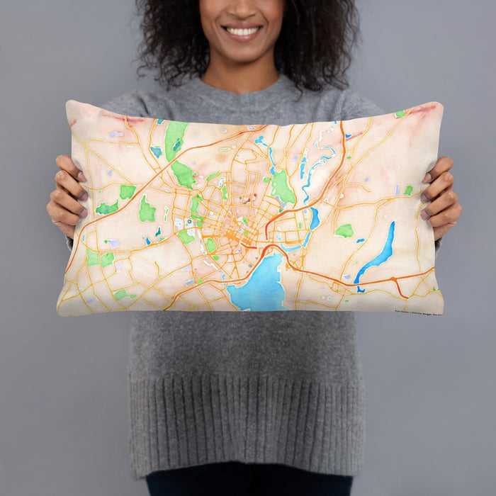 Person holding 20x12 Custom New Haven Connecticut Map Throw Pillow in Watercolor