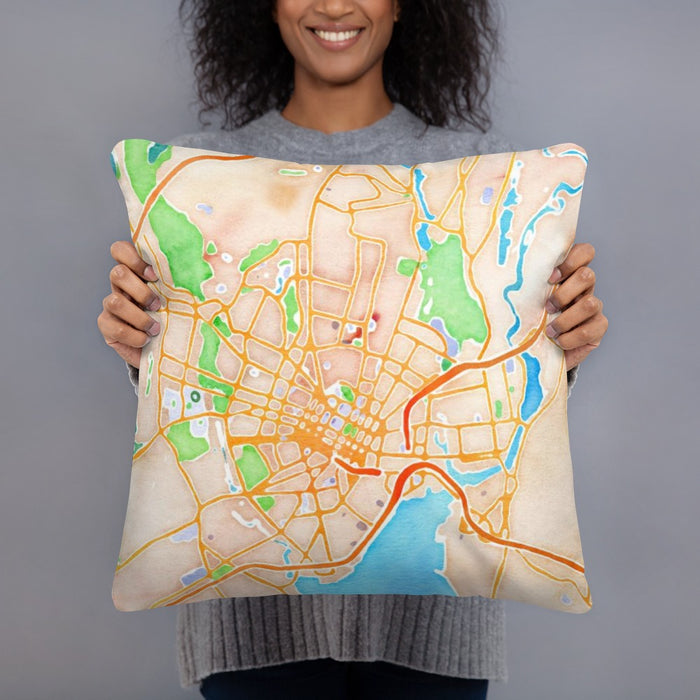 Person holding 18x18 Custom New Haven Connecticut Map Throw Pillow in Watercolor